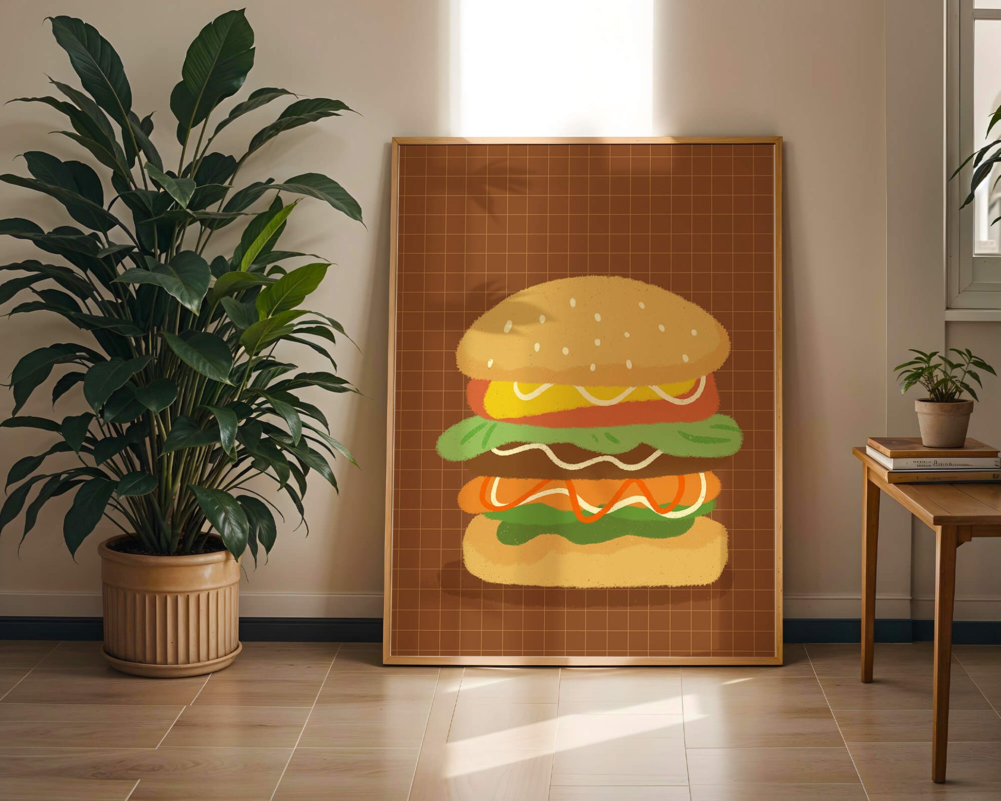 Illustrated cheeseburger with colorful layers on a grid background