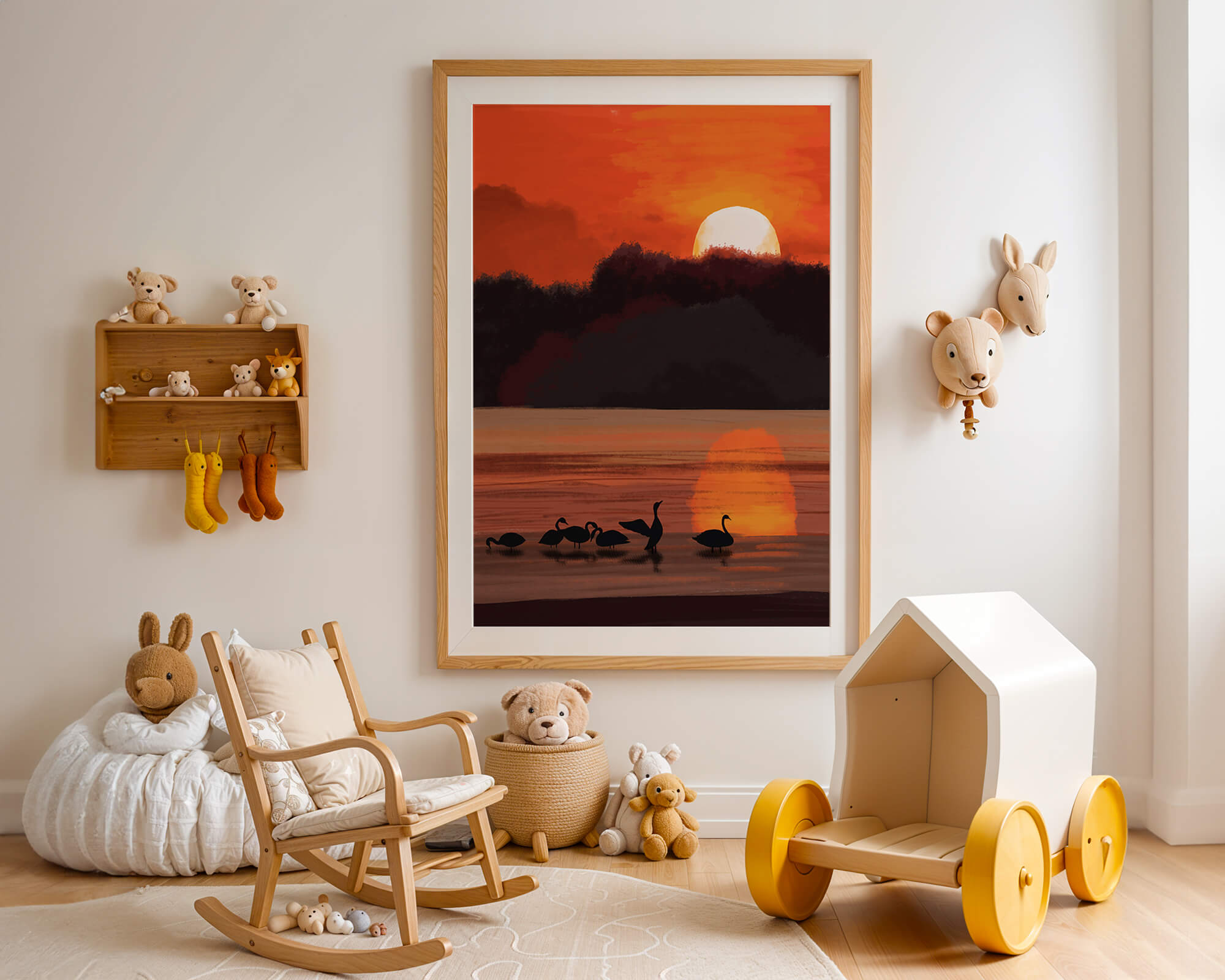 Serene sunset over a lake with silhouetted swans