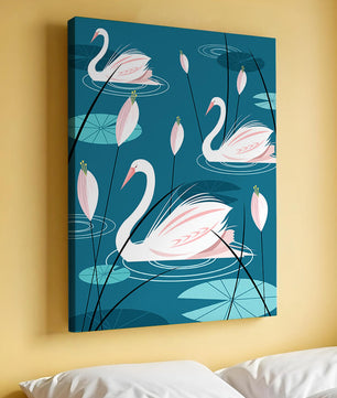 Serene illustration of swans gracefully gliding on a pond with lily pads