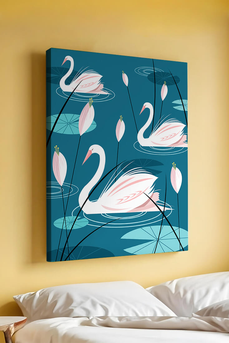 Serene illustration of swans gracefully gliding on a pond with lily pads