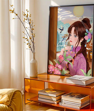 Serene landscape with a woman in traditional dress and mountain view
