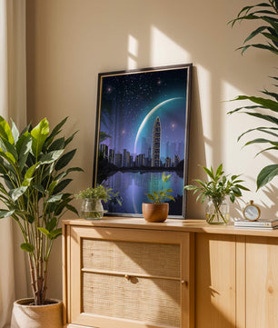 Paisaje urbano futurista bajo un cielo estrellado