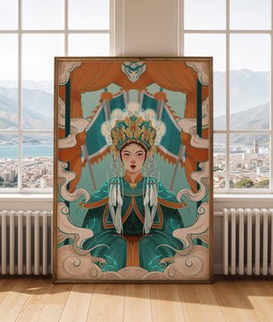 Illustration élégante d'une princesse orientale avec une tenue royale et des éléments mythiques
