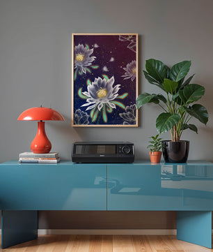 Lotus Flowers and Butterflies in a Starry Night Sky with Gold Accents - Mi tienda