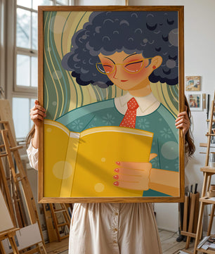 Illustration d'une personne lisant un grand livre jaune dans un style stylisé