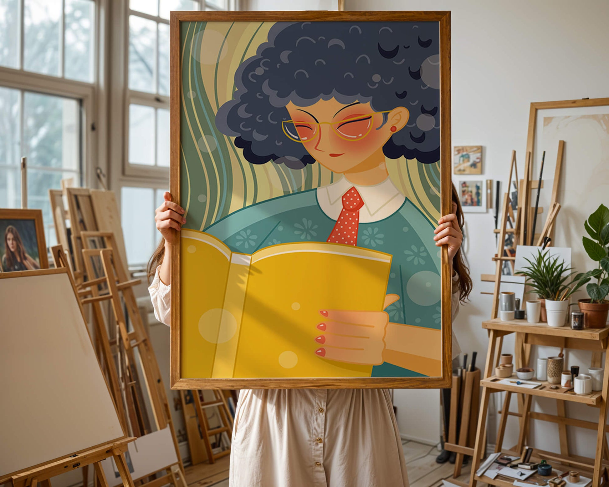 Illustration of a person reading a large yellow book in a stylized design