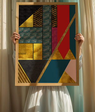 Geometric abstract art with bold colors and golden accents