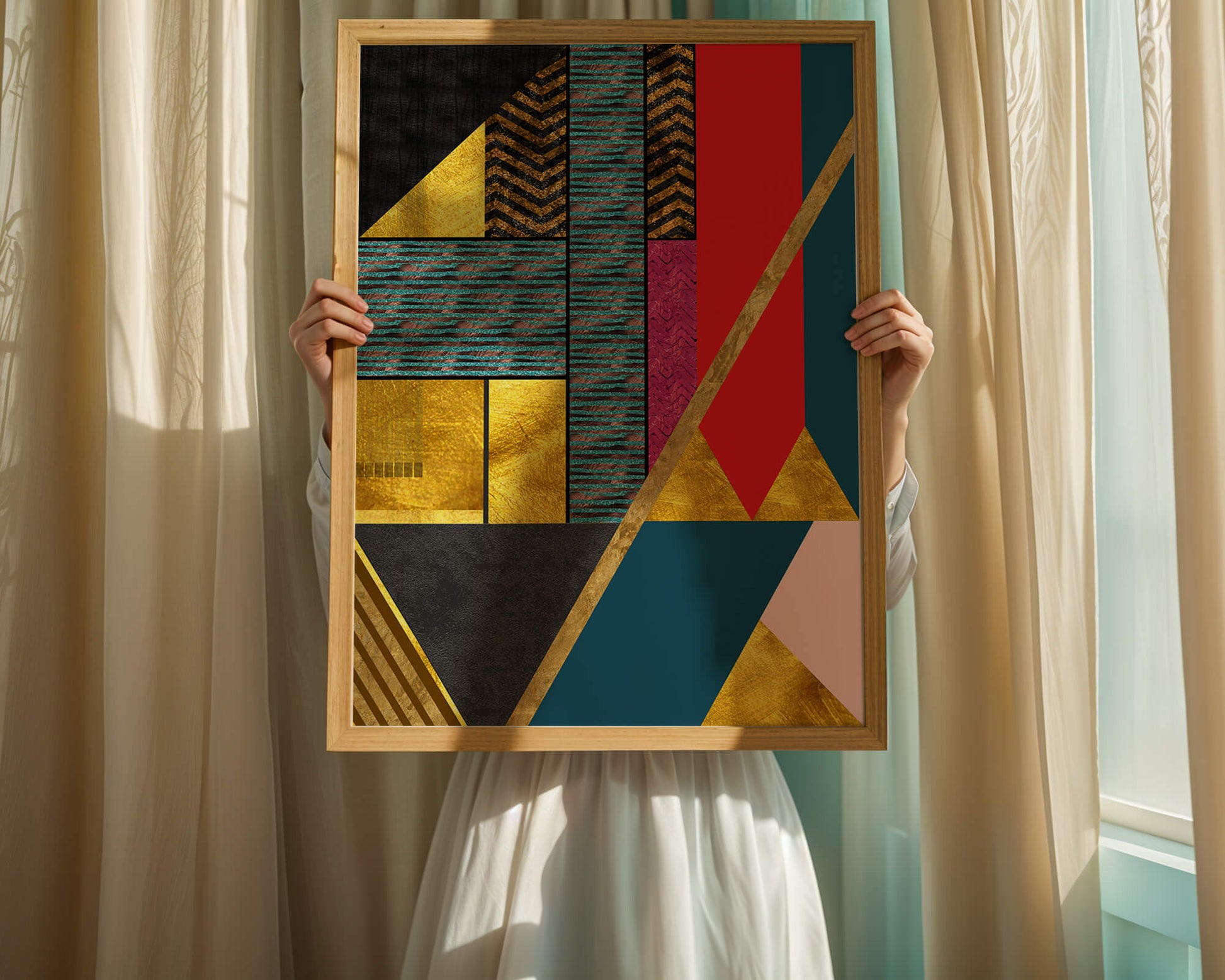 Geometric abstract art with bold colors and golden accents