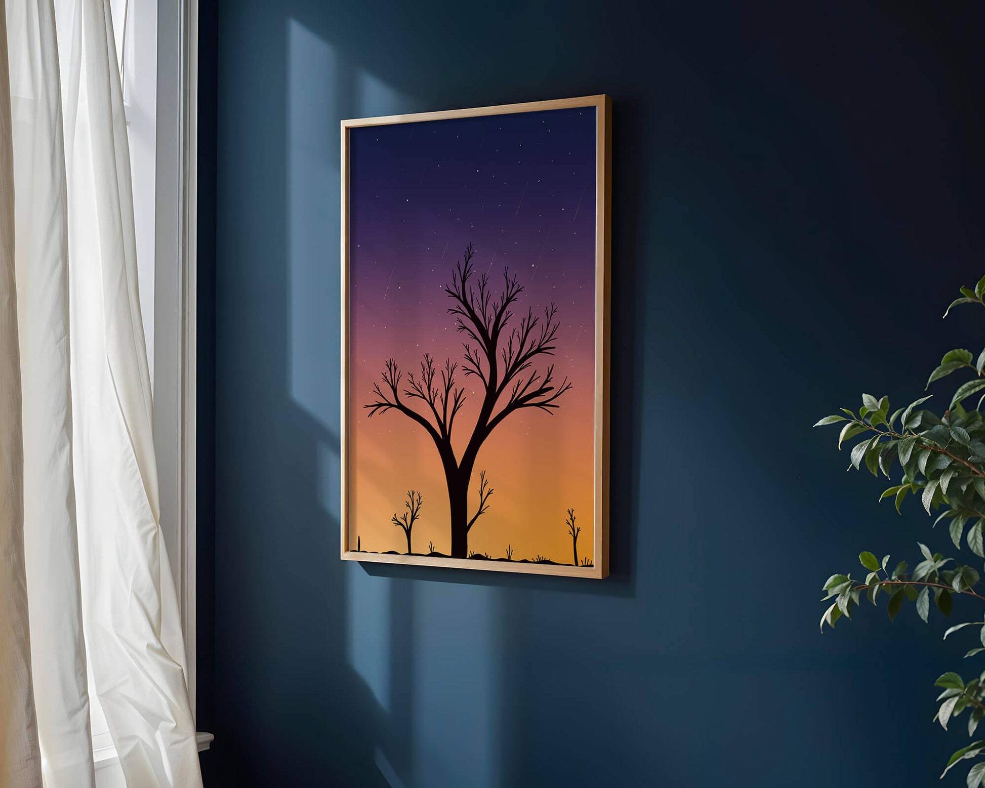 Silhouette Of Tree Against Stunning Sunset Sky With Stars