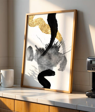 Abstract black and gold brushstrokes with textured patterns