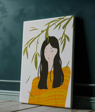 Illustration d'une femme en pull orange avec un fond de feuillage