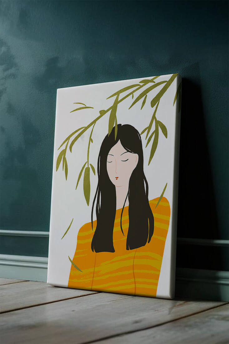 Woman in orange sweater with foliage backdrop illustration