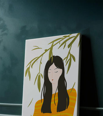 Woman in orange sweater with foliage backdrop illustration