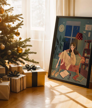 Cozy Nighttime Reading in a Living Room with Moonlit Window