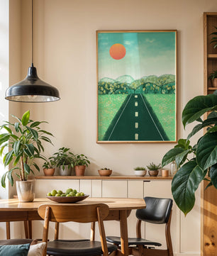 Serene Landscape with Road Leading to Sunset and Lush Greenery
