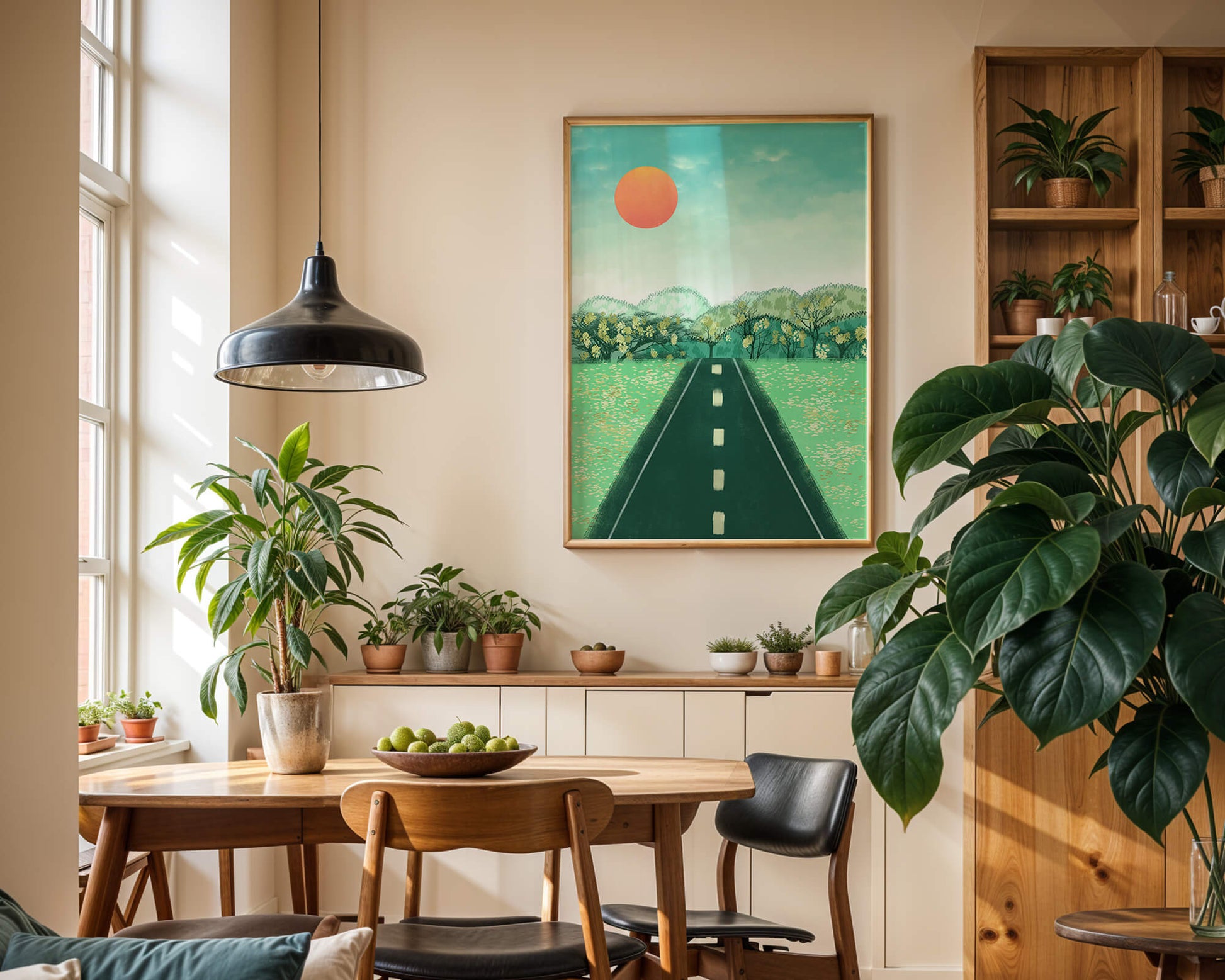 Serene Landscape with Road Leading to Sunset and Lush Greenery