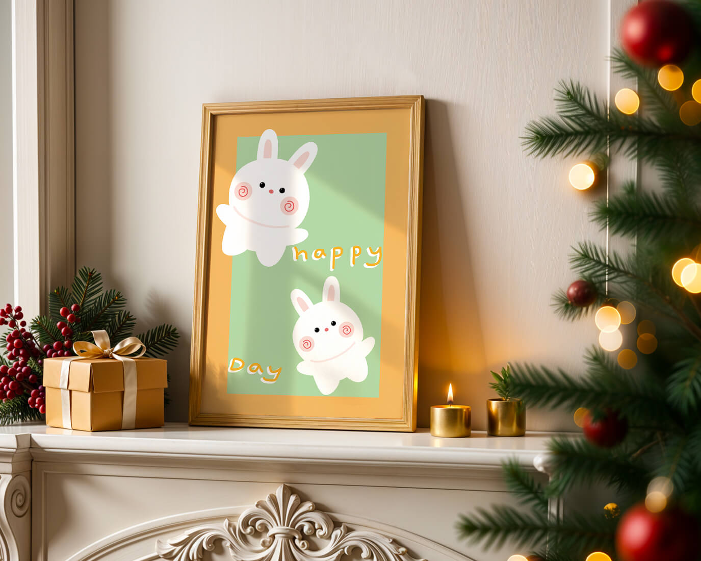 Conejos de dibujos animados juguetones con mensaje de día feliz sobre fondo colorido