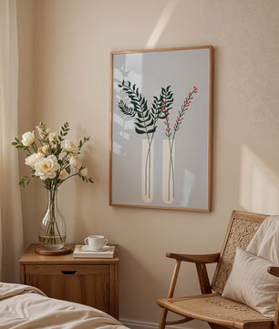 Modern Botanical Illustration with Green Leaves and Red Berries in Minimalist Vases - Mi tienda