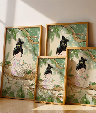 Serene illustration of a girl with a bird in a tree
