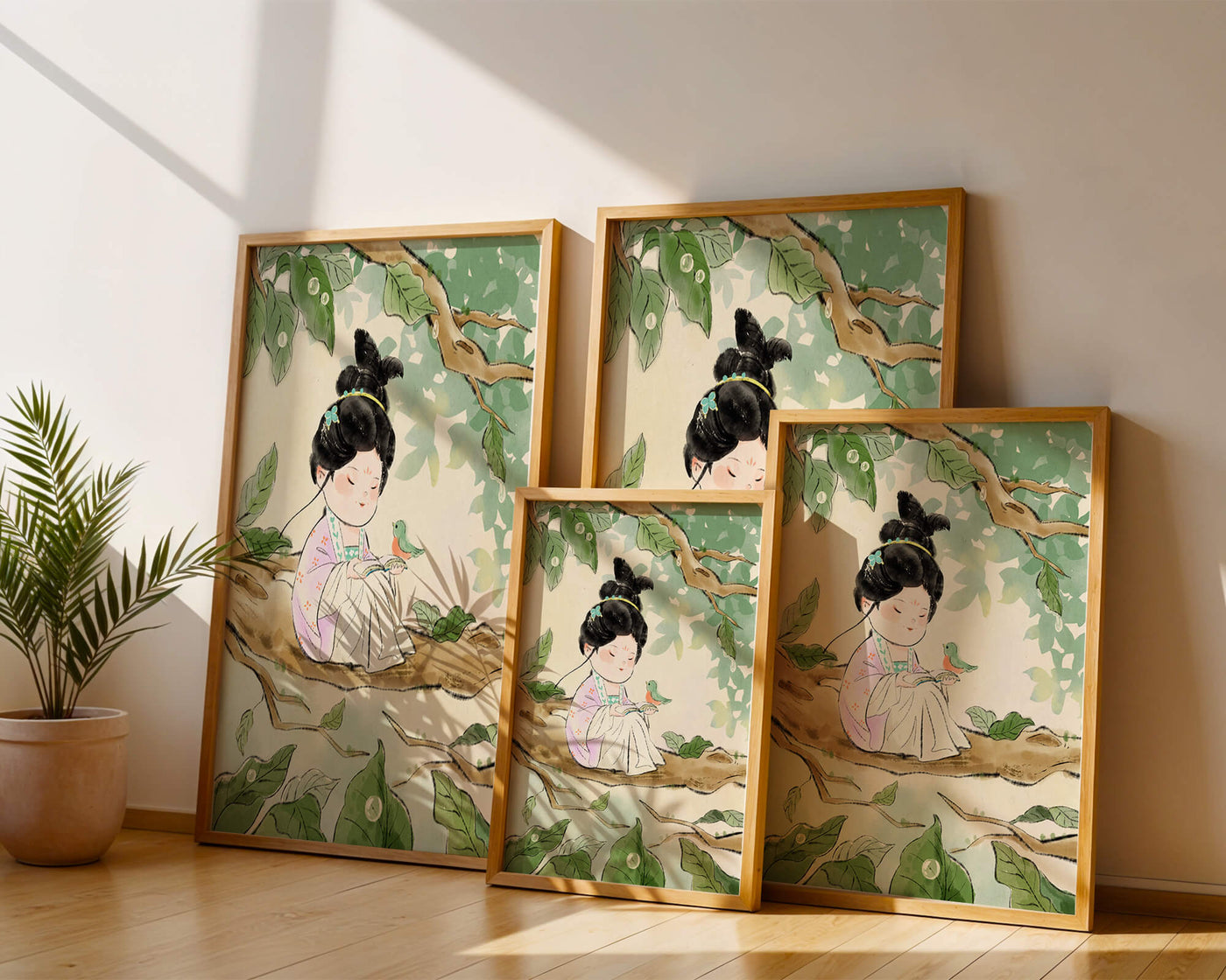 Serene illustration of a girl with a bird in a tree