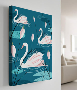 Serene illustration of swans gracefully gliding on a pond with lily pads