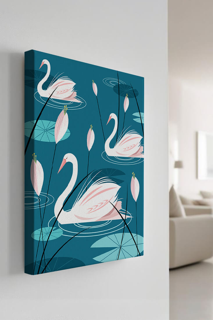 Serene illustration of swans gracefully gliding on a pond with lily pads