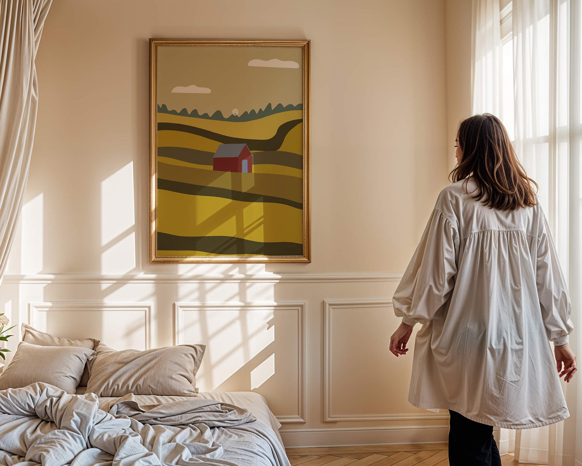 Paisaje con granero rojo entre colinas onduladas bajo un cielo azul