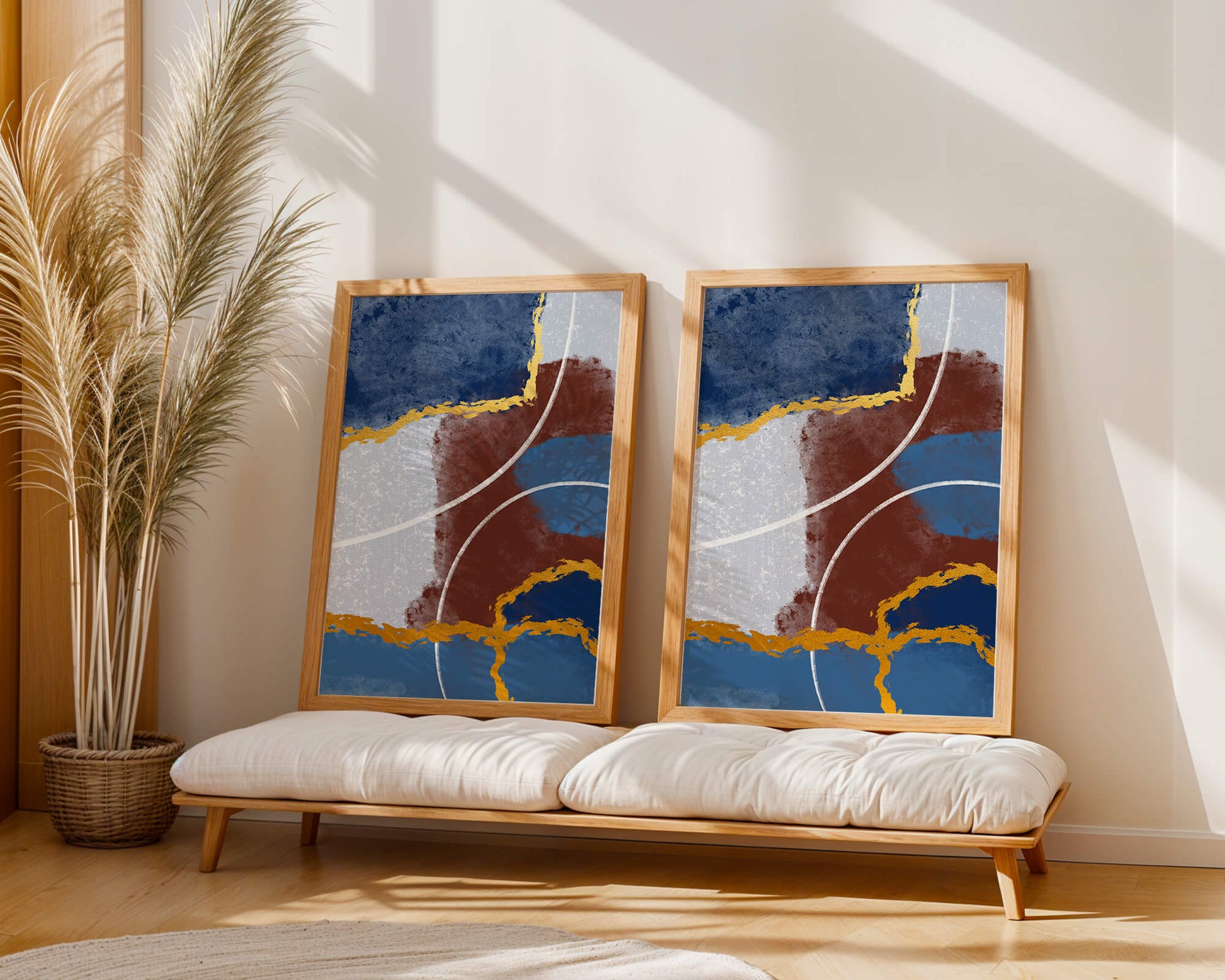Abstract painting with gold accents and geometric elements