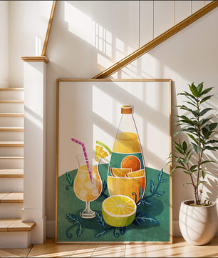 Ilustración colorida de bebidas cítricas con botella y vaso