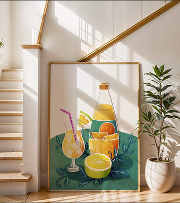Colorful illustration of citrus drinks with bottle and glass