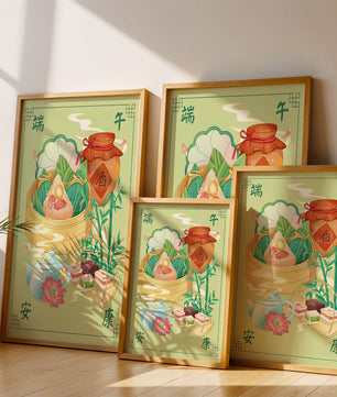 Illustration de nourriture festive chinoise mettant en scène des zongzi traditionnels et un service à thé