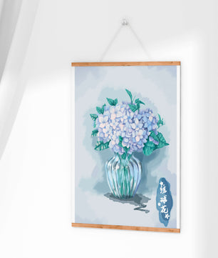 Aquarell Hortensien in einer Glasvase mit chinesischen Schriftzeichen