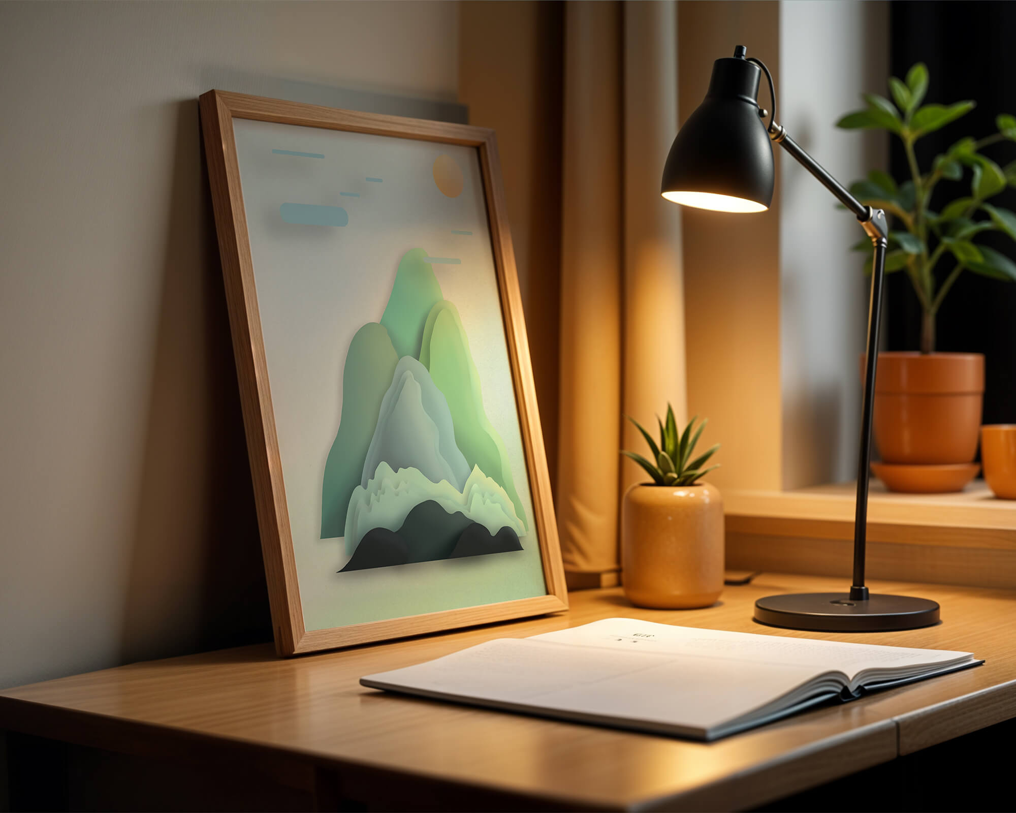 Minimalistic mountain landscape with vibrant colors and abstract layers