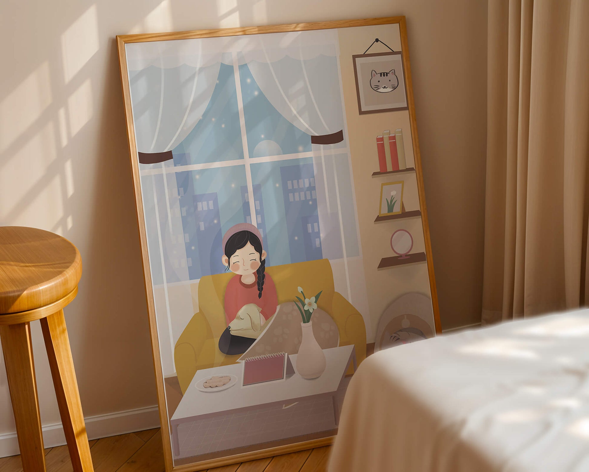 Cozy living room with a girl and a dog on a yellow sofa
