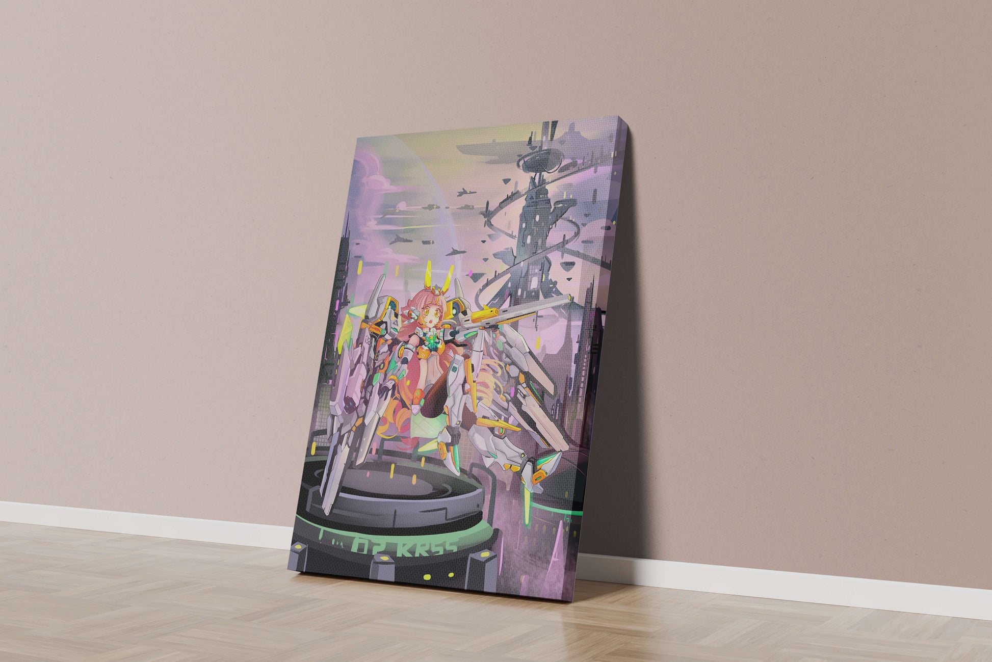 Futuristic illustration of girl with robot in sci-fi cityscape