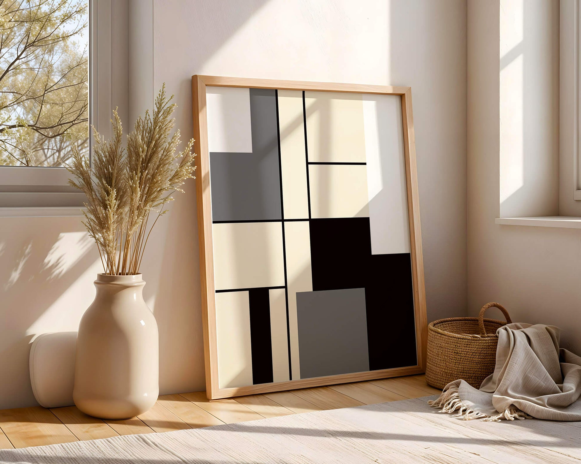 Abstract geometric design with muted shades and bold lines