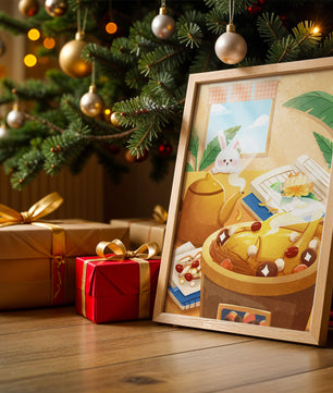 Cozy kitchen scene with cute bunny, teapot, and golden dessert
