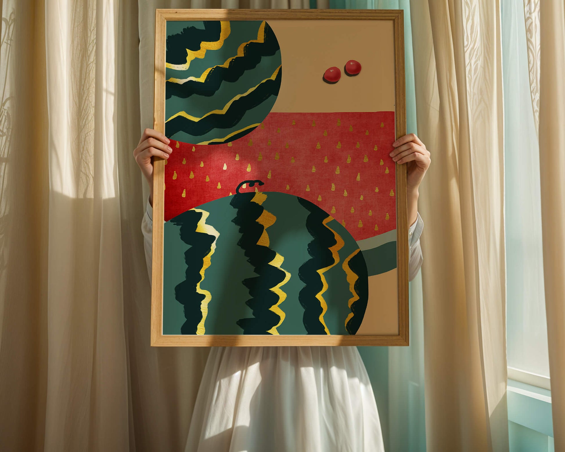 Arte abstracto vibrante de sandía con reflejos dorados