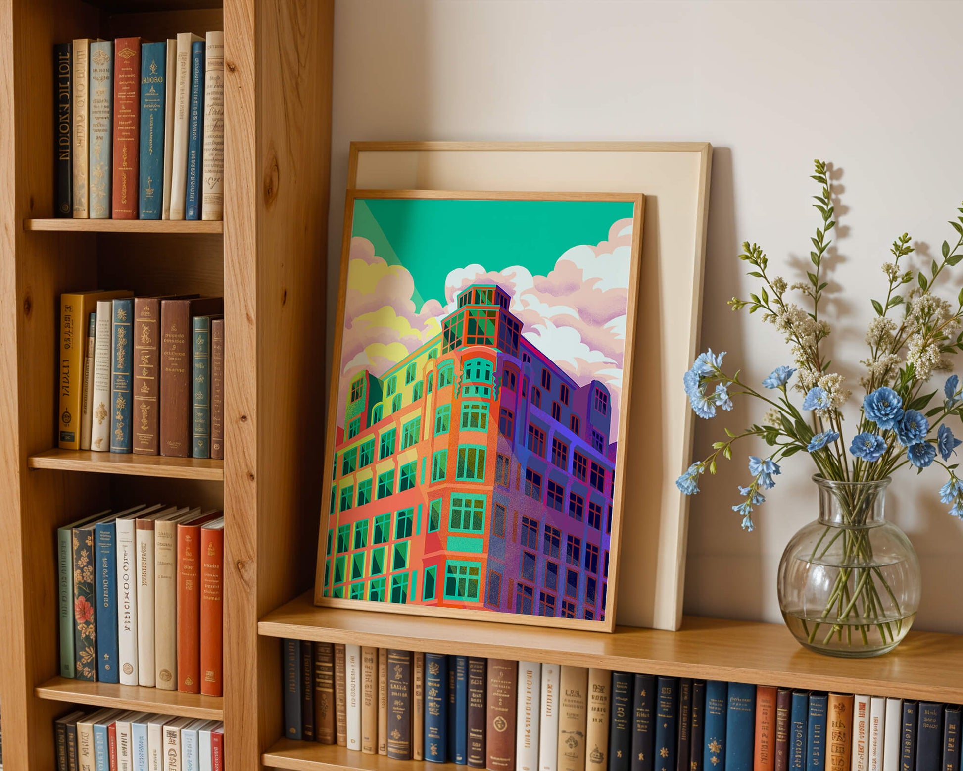 Colorful geometric building with vibrant sky