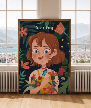 Ilustración primaveral encantadora con flores y mariposa