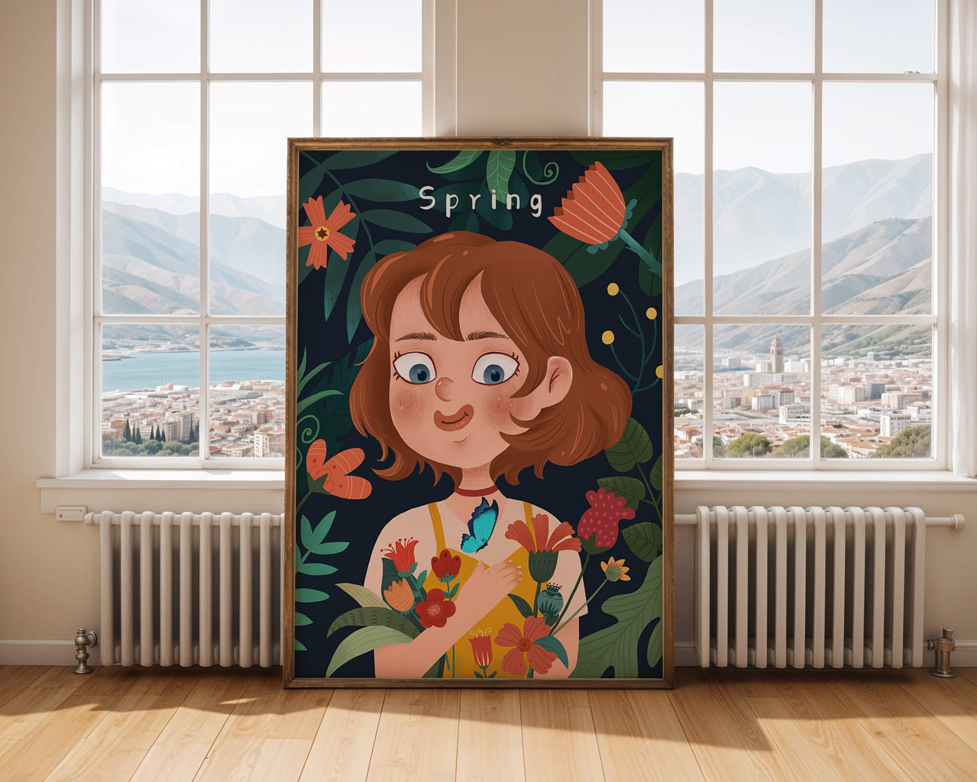 Ilustración primaveral encantadora con flores y mariposa