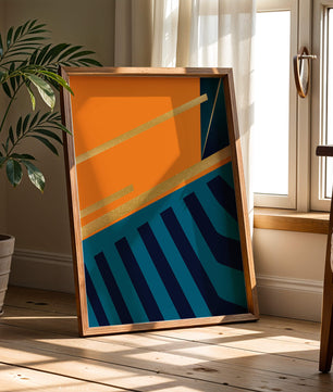 Moderne geometrische Abstraktion mit goldenen Elementen und kräftigen Farben 