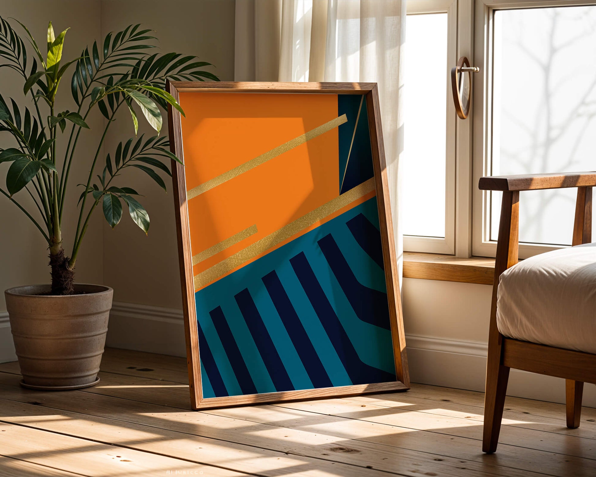 Moderne geometrische Abstraktion mit goldenen Elementen und kräftigen Farben 