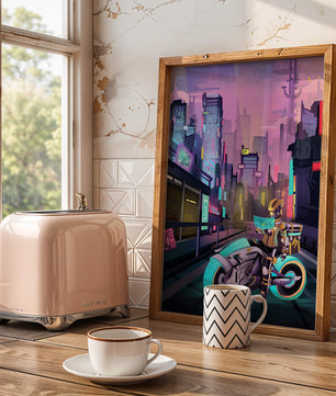 Futuristic Cyberpunk Cityscape with Neon Rider and Motorcycle