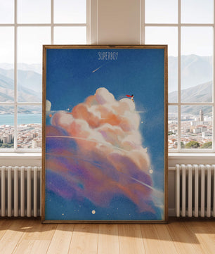 Whimsical illustration of superboy with dreamy cloudscape