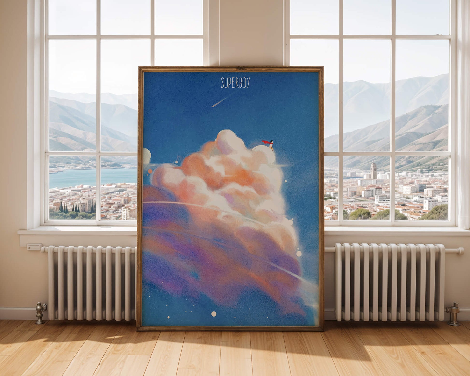 Whimsical illustration of superboy with dreamy cloudscape