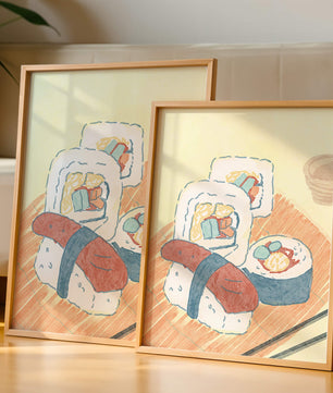 Illustration of assorted sushi on a wooden board