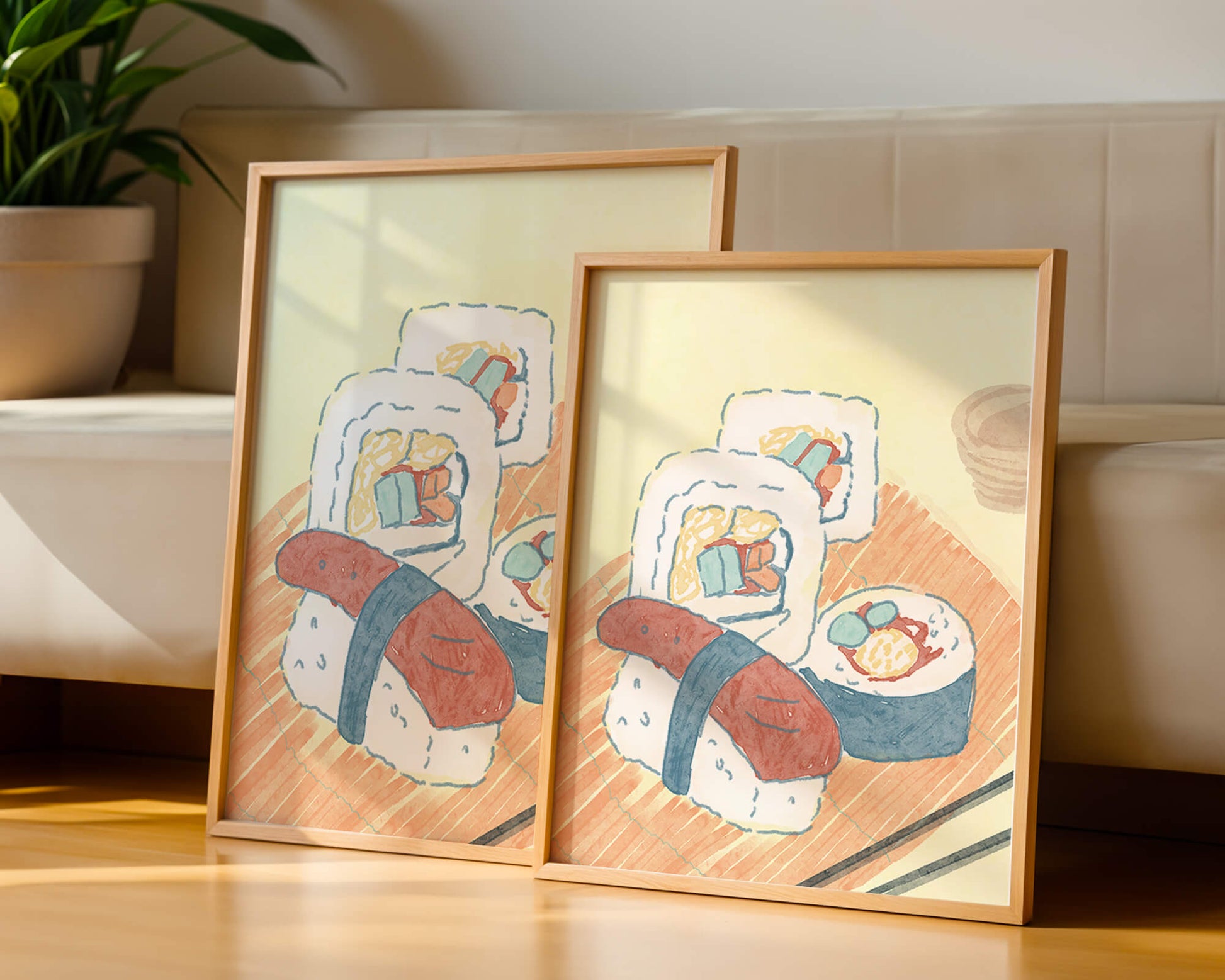 Illustration of assorted sushi on a wooden board