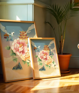 Elegant Asian Landscape With Pagoda, Cranes, and Peonies