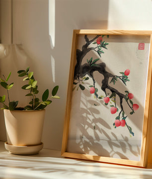 Asian ink painting featuring cherry blossoms on a textured background